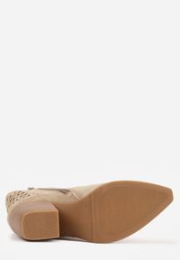 Born2be - Ciemnobeżowe Botki Kowbojki na Stożkowym Obcasie z Ażurowym Wzorem i Eathetina. Okazja: na co dzień. Kolor: beżowy. Materiał: jeans. Wzór: ażurowy. Obcas: na obcasie. Styl: boho, casual, elegancki. Wysokość obcasa: średni #4