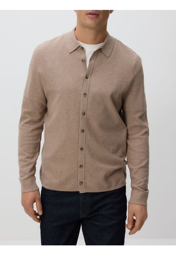 Reserved - Rozpinany sweter z kołnierzem - beżowy. Kolor: beżowy. Materiał: dzianina, bawełna