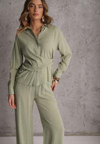 Renee - Zielony Komplet z Wiskozy Spodnie Szerokie i Koszula z Ozdobnym Materiałem Airial. Kolor: zielony. Materiał: wiskoza, materiał #3