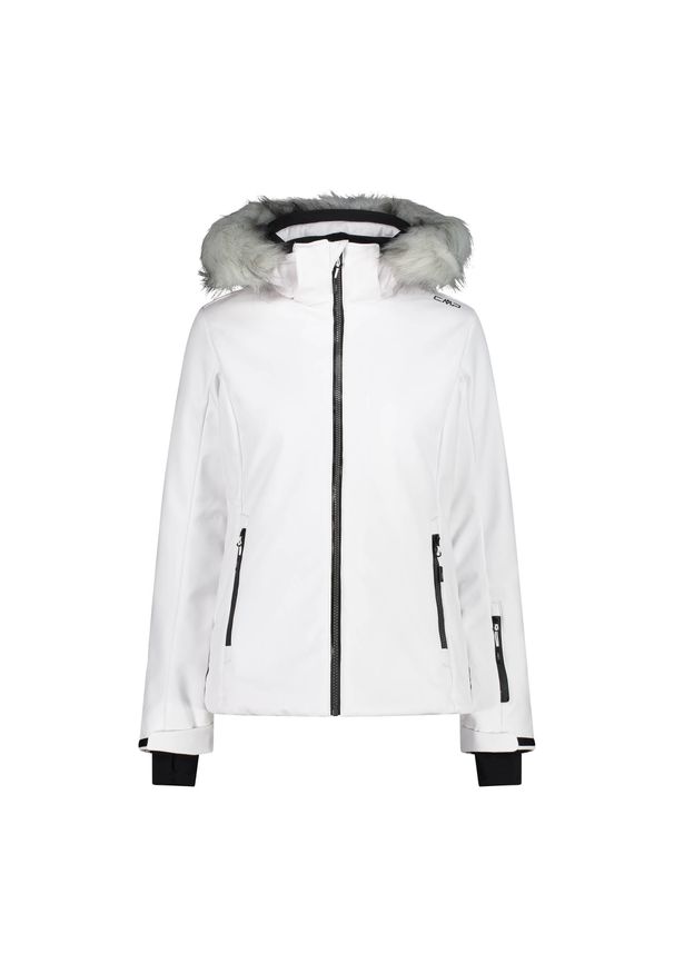 Kurtka damska narciarska CMP 31W0196F. Typ kołnierza: kaptur. Kolor: biały. Materiał: softshell. Sezon: zima. Sport: narciarstwo