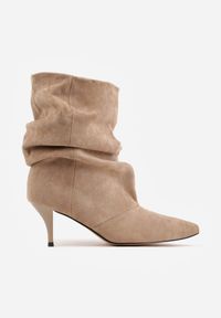 Renee - Ciemnobeżowe Botki na Szpilce Typu Slouchy Anitai. Kolor: beżowy. Materiał: jeans. Obcas: na szpilce #2