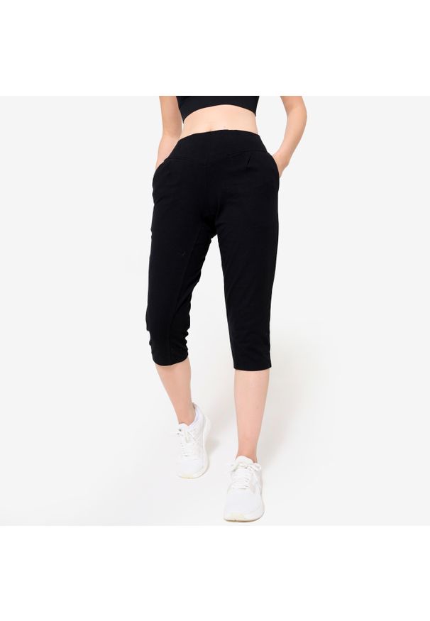 DOMYOS - Krótkie legginsy fitness damskie Domyos. Kolor: czarny. Materiał: bawełna, materiał, poliester, elastan. Długość: krótkie. Sport: fitness