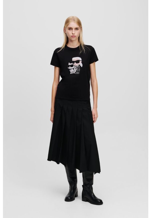 Karl Lagerfeld - KARL LAGERFELD Сzarny damski t-shirt z cyrkoniami Ikon Duo. Kolor: czarny
