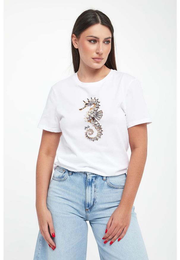 Liu Jo - T-shirt damski z nadrukiem i cyrkoniami LIU JO. Wzór: nadruk