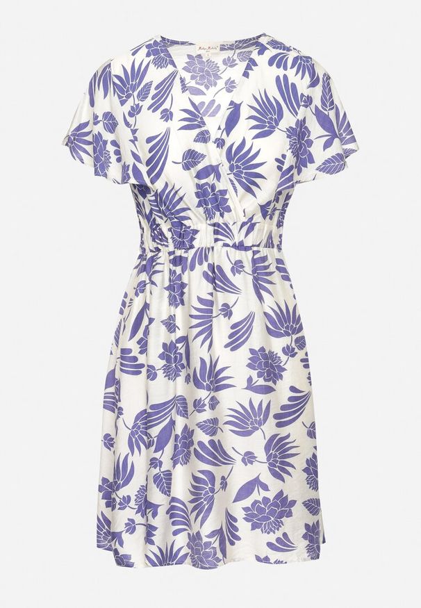 Born2be - Biało-Granatowa Sukienka z Kopertowym Dekoltem i Gumką w Pasie w Roślinny Wzór Nelliera. Okazja: na co dzień. Typ kołnierza: dekolt kopertowy, dekolt w kształcie V. Kolor: biały. Materiał: wiskoza, materiał. Typ sukienki: kopertowe. Styl: casual, elegancki