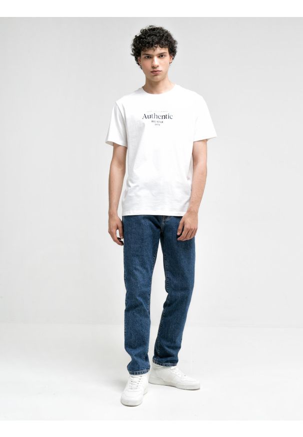 Big-Star - Koszulka męska z krótkim rękawem z linii Authentic Reagiser 100. Kolor: biały. Materiał: jeans, bawełna. Długość rękawa: krótki rękaw. Długość: krótkie. Wzór: nadruk