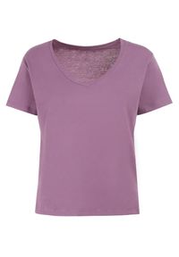 Born2be - Fioletowy T-shirt Metoreia. Okazja: na co dzień. Kolor: fioletowy. Materiał: bawełna, dzianina. Długość rękawa: krótki rękaw. Długość: krótkie. Wzór: gładki. Styl: casual, sportowy