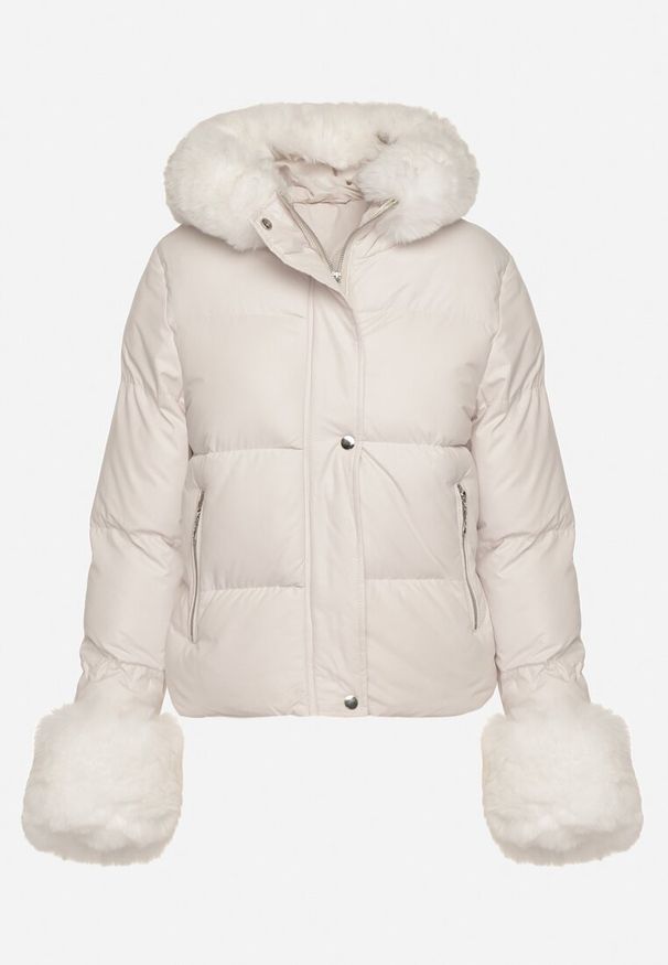 Born2be - Biała Pikowana Kurtka z Kapturem Zdobiona Futerkiem Olenesa. Okazja: na co dzień. Typ kołnierza: kaptur. Kolor: biały. Materiał: futro. Wzór: aplikacja. Styl: casual