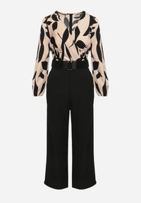 Born2be - Czarno-Różowy Elegancki Kombinezon ze Wzorzystą Górą Szerokimi Nogawkami i Paskiem Grepia. Okazja: na co dzień. Kolor: czarny. Styl: elegancki #3