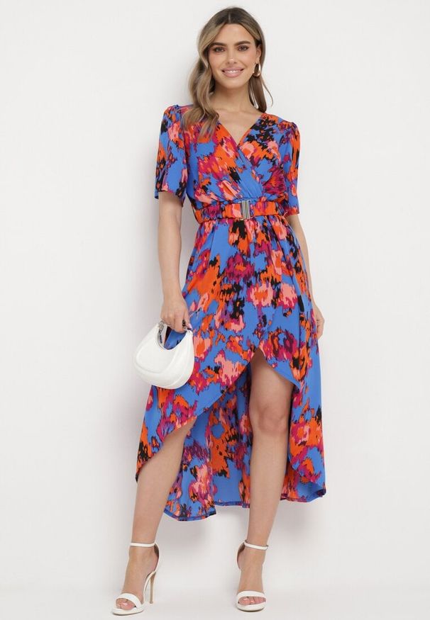 Born2be - Niebiesko-Pomarańczowa Sukienka z Kopertowym Dekoltem i Asymetrycznym Dołem z Gumką w Talii Coralen. Okazja: na co dzień. Kolor: niebieski. Typ sukienki: asymetryczne, kopertowe. Styl: casual, elegancki