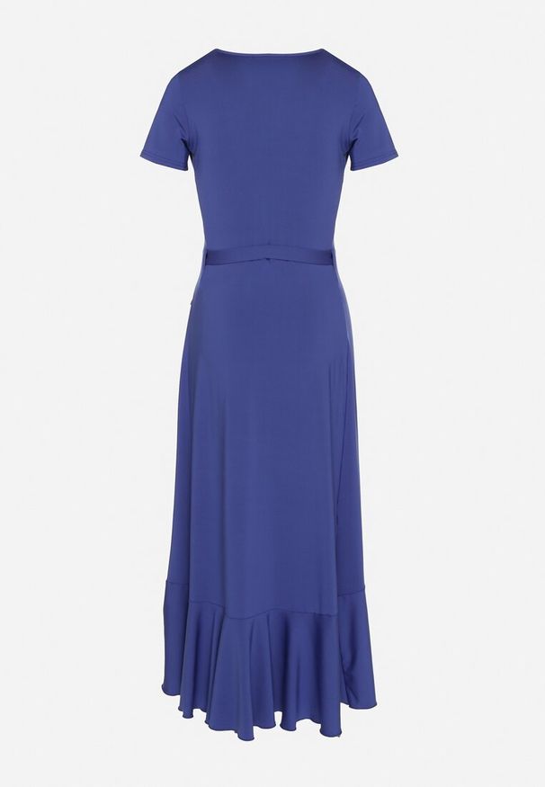 Born2be - Niebieska Sukienka z Paskiem Kopertowa Ozdobiona Falbanami Wleffia. Okazja: na spacer. Typ kołnierza: dekolt w kształcie V. Kolor: niebieski. Długość rękawa: krótki rękaw. Wzór: aplikacja. Sezon: wiosna, lato. Typ sukienki: kopertowe. Styl: elegancki