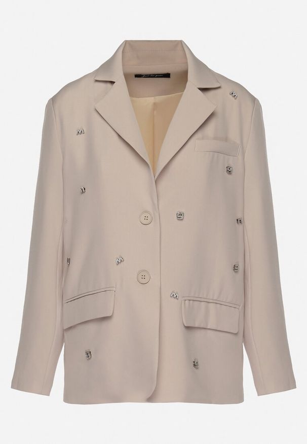 Born2be - Beżowa Pudełkowa Marynarka z Kieszeniami i Ozdobnymi Literkami Keletia. Kolor: beżowy. Materiał: jeans. Styl: elegancki