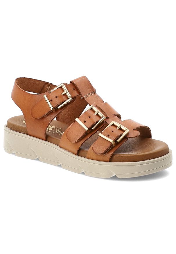 Sandały damskie Hee, cholewka ze skóry naturalnej paski z regulacją na klamry grubsza podeszwa casualowy styl, brązowe, 26100. Okazja: na co dzień. Zapięcie: klamry. Kolor: brązowy. Materiał: skóra. Wzór: paski. Styl: casual