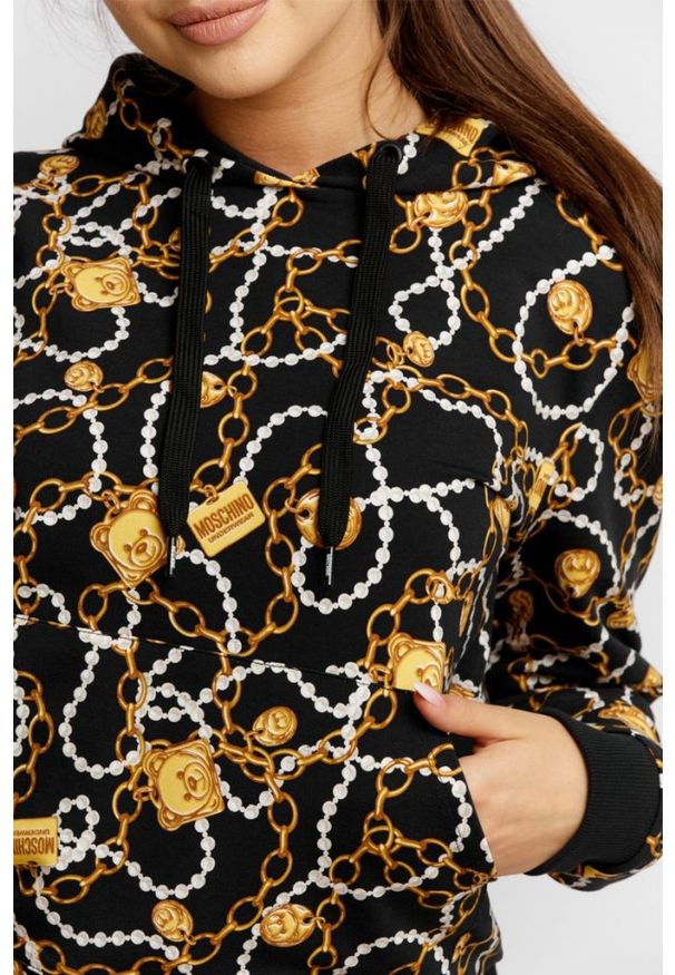 MOSCHINO Bluza damska z kapturem w złote łańcuchy, Rozmiar XS. Typ kołnierza: kaptur. Kolor: czarny. Materiał: prążkowany