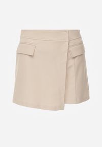 Renee - Beżowe Asymetryczne Spódnico-Szorty z Bawełną i Imitacją Kieszeni Tinabel. Kolor: beżowy. Materiał: bawełna. Wzór: aplikacja. Styl: elegancki #7