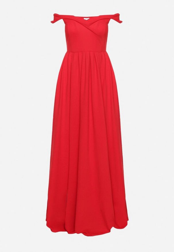 Born2be - Czerwona Koktajlowa Rozkloszowana Sukienka z Hiszpańskim Dekoltem i Rozcięciem na Nogę Gralia. Okazja: na wesele, na ślub cywilny, na studniówkę. Kolor: czerwony. Typ sukienki: rozkloszowane. Styl: wizytowy