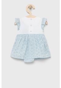 Guess sukienka dziecięca mini rozkloszowana. Kolor: niebieski. Długość rękawa: krótki rękaw. Wzór: aplikacja. Typ sukienki: rozkloszowane. Długość: mini #2