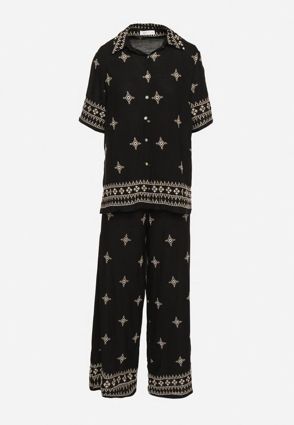 Born2be - Czarny Komplet z Wiskozy Zdobiony Haftem Koszula i Spodnie Oversize Iffiselle. Kolor: czarny. Materiał: wiskoza. Wzór: aplikacja, haft