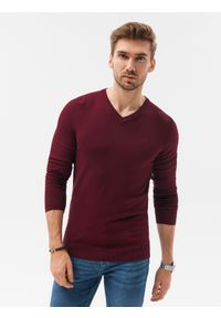 Ombre Clothing - Sweter męski z haftem - bordowy V13 - Rozmiar: XL. Kolor: czerwony. Materiał: wiskoza, materiał, nylon, dzianina. Wzór: haft. Styl: elegancki, klasyczny #1