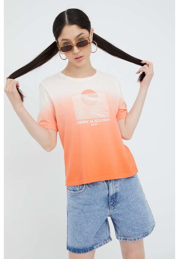 Roxy t-shirt bawełniany kolor pomarańczowy. Okazja: na co dzień. Kolor: pomarańczowy. Materiał: bawełna. Wzór: nadruk. Styl: casual
