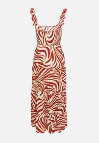 Born2be - Czerwono-Beżowa Wiskozowa Rozkloszowana Sukienka na Ramiączkach z Kwadratowym Dekoltem Lezorea. Typ kołnierza: dekolt kwadratowy. Kolor: czerwony. Materiał: wiskoza. Długość rękawa: na ramiączkach. Sezon: lato #6