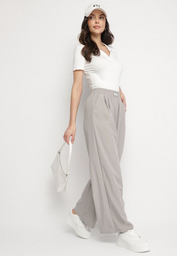 Born2be - Jasnoszare Szerokie Spodnie z Bawełną Wysokim Stanem i Naszywką Nannirea. Okazja: na co dzień. Stan: podwyższony. Kolor: szary. Materiał: bawełna. Wzór: aplikacja. Styl: elegancki, casual, klasyczny