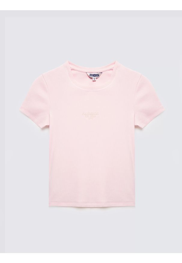 Big-Star - Koszulka damska w prążek z haftem różowa Clarsa 600. Kolor: różowy. Materiał: prążkowany, dzianina, jeans. Długość: krótkie. Wzór: prążki, haft