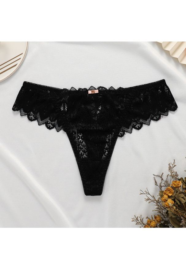 Intica - Stringi koronkowe bezszwowe dopasowane do ciała Dehlia. Kolor: czarny. Materiał: koronka. Wzór: koronka