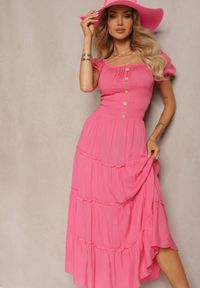 Renee - Fuksjowa Rozkloszowana Sukienka Maxi z Hiszpańskim Dekoltem Kailra. Kolor: różowy. Długość: maxi