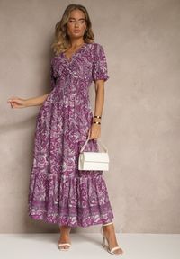 Renee - Ciemnoróżowa Rozkloszowana Sukienka z Bawełny Zdobiona Wzorem Paisley Folitea. Typ kołnierza: dekolt w serek. Kolor: fioletowy. Materiał: bawełna. Wzór: aplikacja, paisley. Sezon: wiosna #4
