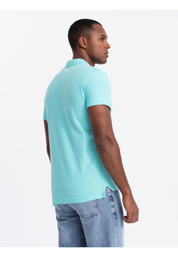 Ombre Clothing - Męska koszulka polo jednokolorowa BASIC z dzianiny pique - miętowa V18 OM-POBS-0100 - XL. Okazja: na co dzień. Typ kołnierza: polo. Kolor: miętowy. Materiał: dzianina. Wzór: jednolity, aplikacja, haft. Sezon: lato, wiosna. Styl: sportowy, casual, wizytowy, klasyczny