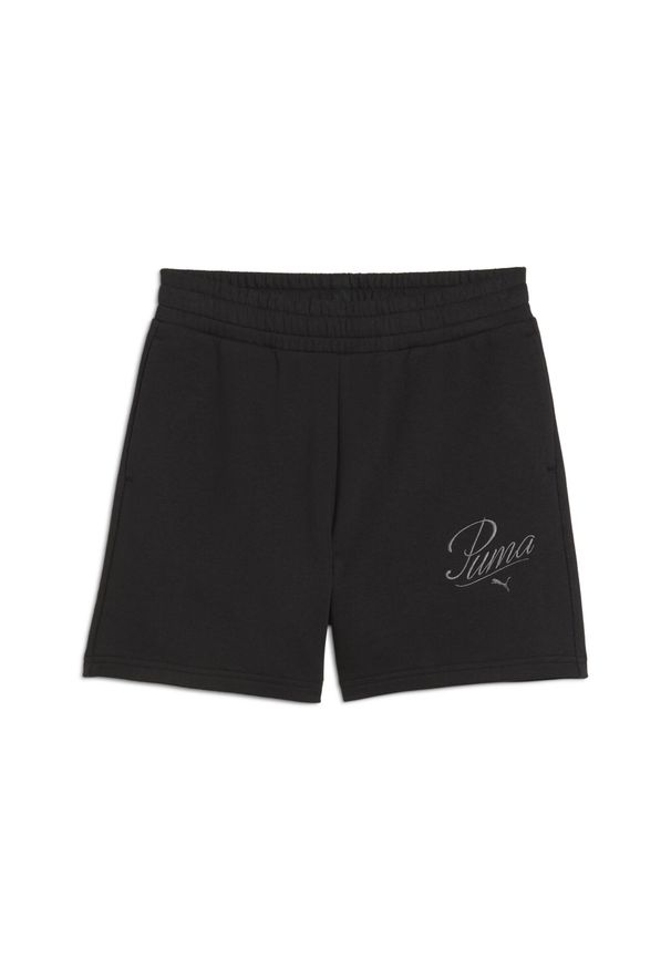 Puma - Damskie szorty z wysokim stanem ESS SCRIPT 5" PUMA Black. Stan: podwyższony. Kolor: czarny. Długość: krótkie