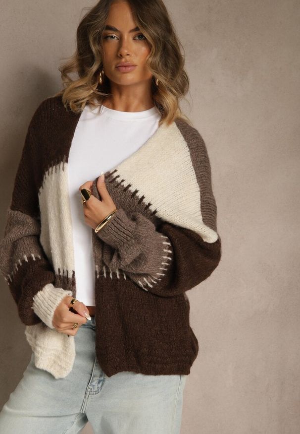 Renee - Beżowy Kardigan z Domieszką Wełny i Wiskozy w Patchworkowym Stylu Fesolinne. Okazja: na spacer. Kolor: beżowy. Materiał: wiskoza, wełna