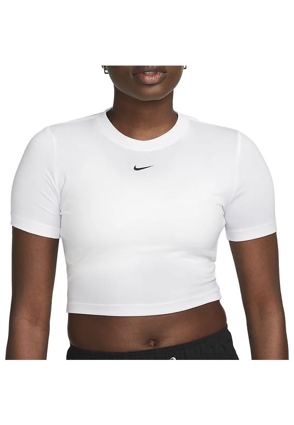 Koszulka Nike Sportswear Essntial FB2873-100 - biała. Kolor: biały. Materiał: poliester, elastan, dresówka. Wzór: napisy