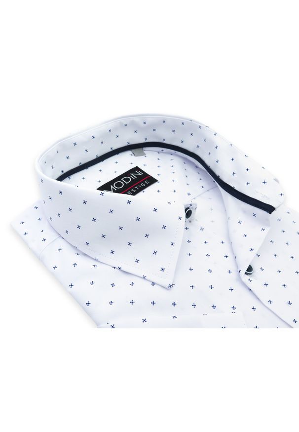 Modini - Biała koszula męska z krótkim rękawem we wzór MK20. Kolor: biały. Materiał: bawełna, poliester, tkanina. Długość rękawa: krótki rękaw. Długość: krótkie. Styl: klasyczny