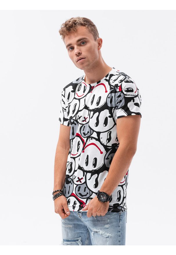 Ombre Clothing - T-shirt męski z nadrukiem S1414 - biały/czerwony - XXL. Kolor: czerwony. Materiał: jeans, bawełna, poliester. Wzór: nadruk