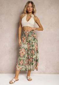 Renee - Zielono-Różowe Spodnie Kuloty z Bawełny High Waist z Gumką w Pasie Palovia. Stan: podwyższony. Kolor: zielony. Materiał: bawełna. Sezon: lato #5