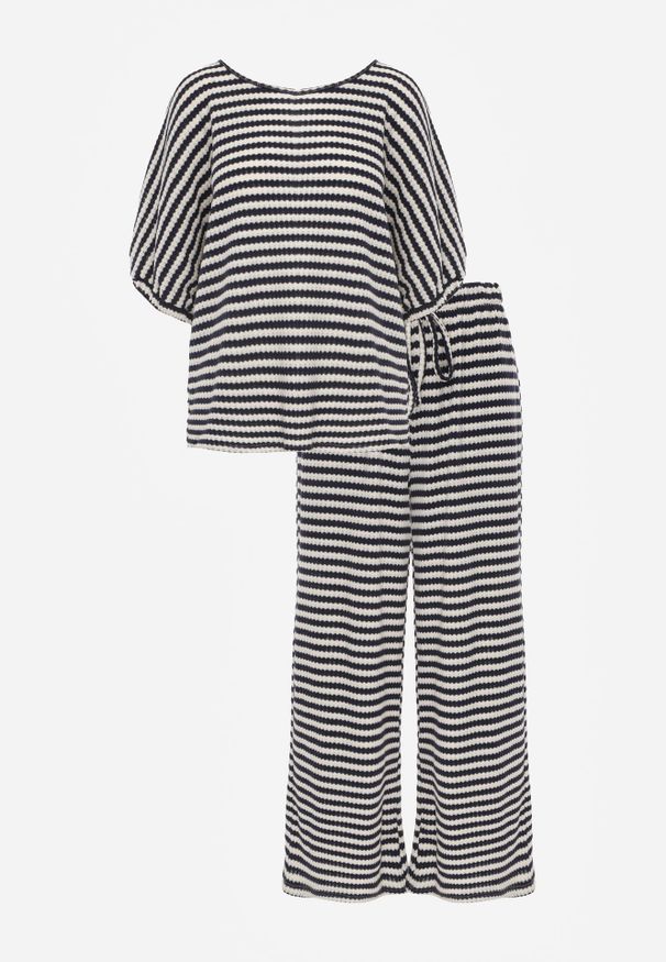 Renee - Beżowo-Granatowy Komplet Oversize Stylizowany na Dziergany T-shirt i Luźne Spodnie w Paski Relorin. Kolor: beżowy. Materiał: dziergany. Wzór: paski