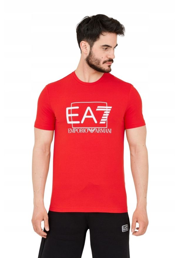 EA7 Emporio Armani - EA7 Czerwony męski t-shirt z dużym białym logo, Rozmiar M. Kolor: czerwony
