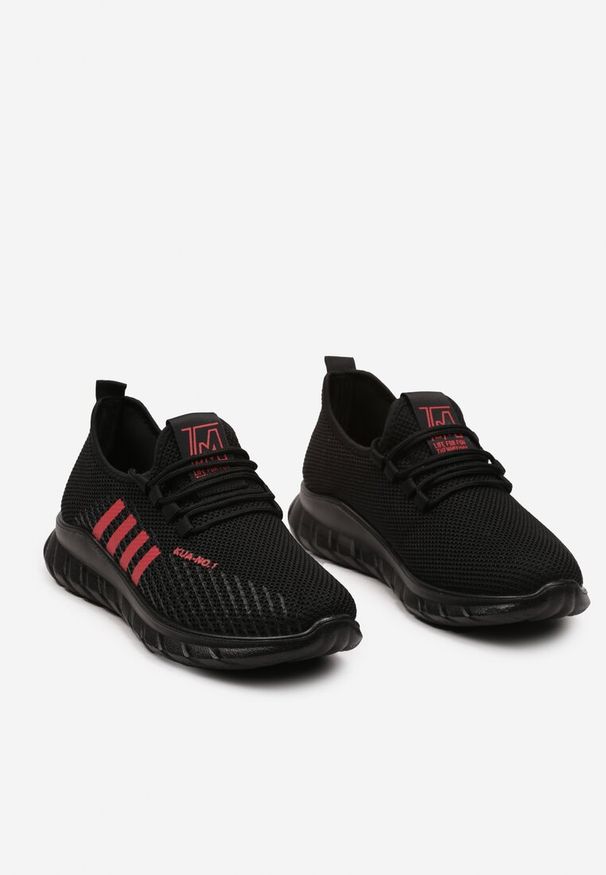 Born2be - Czarno-Czerwone Sznurowane Buty Sportowe Sneakersy na Grubszej Podeszwie ze Skarpetkową Cholewką Reelia. Kolor: czarny. Materiał: len. Szerokość cholewki: normalna. Sport: turystyka piesza