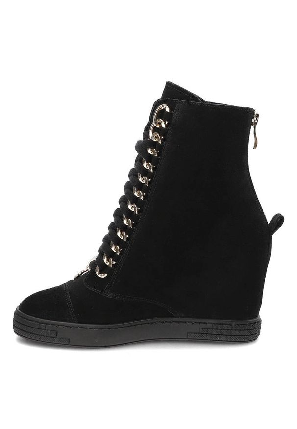 DAMISS - Czarne Sneakersy Damiss Wygodne Buty Damskie Na Koturnie. Kolor: czarny. Materiał: welur, skóra. Szerokość cholewki: normalna. Wzór: aplikacja. Obcas: na koturnie