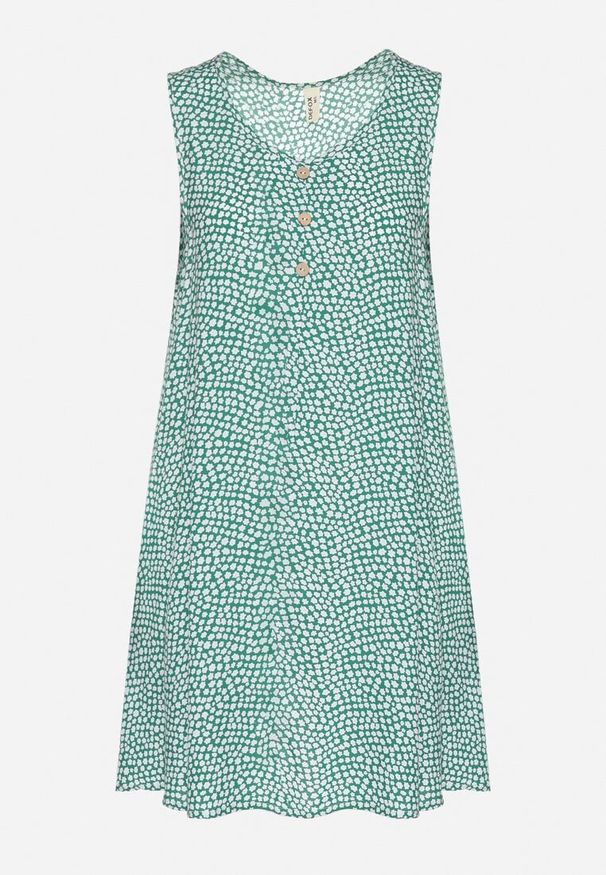 Born2be - Zielona Bawełniana Rozkloszowana Sukienka Ozdobiona Kwiatami i Guzikami Lisavella. Okazja: na co dzień, na spacer. Kolor: zielony. Materiał: bawełna. Wzór: aplikacja, kwiaty. Sezon: lato. Styl: klasyczny, casual, elegancki