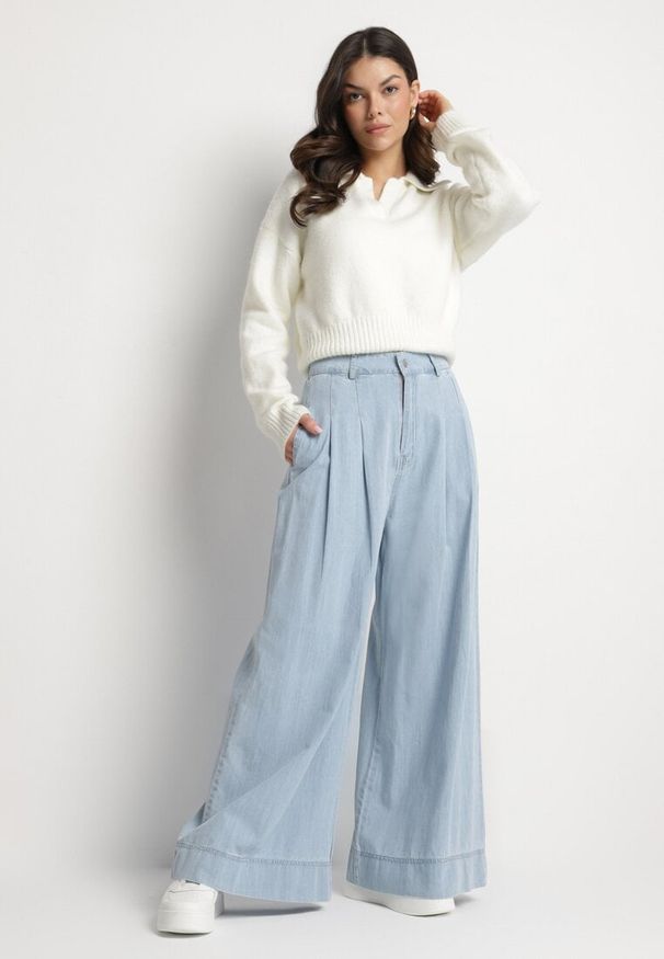 Born2be - Jasnoniebieskie Bawełniane Jeansy Szerokie z Wysokim Stanem Galsemi. Okazja: na co dzień. Stan: podwyższony. Kolor: niebieski. Styl: elegancki, casual