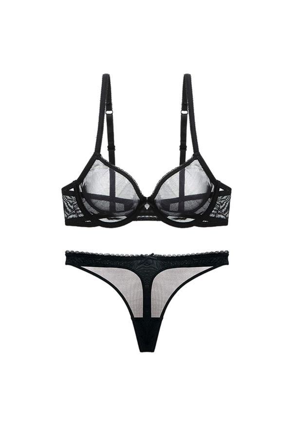 Intica - Komplet bielizny transparentnej z kokardą na romantyczny wieczór Kadriye. Kolor: czarny. Materiał: materiał. Wzór: aplikacja