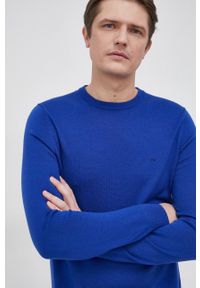 Calvin Klein - Sweter wełniany. Okazja: na co dzień. Kolor: niebieski. Materiał: wełna. Długość rękawa: długi rękaw. Długość: długie. Styl: casual