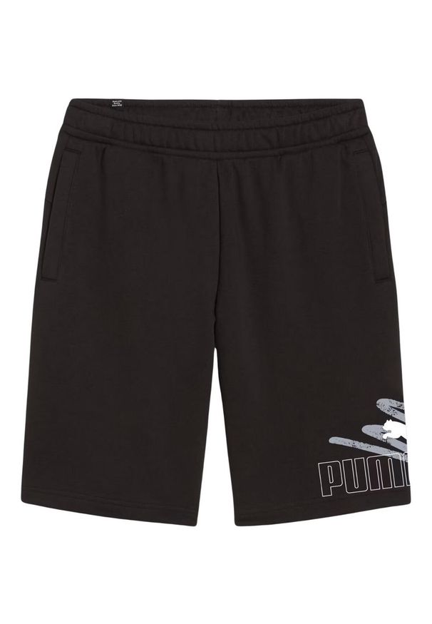 Puma - Shorty Męskie Graficzny Nadruk Logo ESS+. Kolor: czarny. Wzór: nadruk