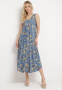 Born2be - Niebieska Sukienka z Wzorem Paisley i Rozkloszowanym Dołem Biamira. Kolor: niebieski. Materiał: tkanina. Wzór: paisley. Sezon: lato #4