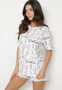 Born2be - Biały T-shirt Oversize z Bawełny Zdobiony Nadrukiem Sinelra. Okazja: na co dzień. Kolor: biały. Materiał: bawełna. Wzór: aplikacja, nadruk. Styl: klasyczny, elegancki, casual #2