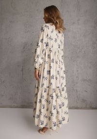 Renee - Jasnobeżowa Wiskozowa Sukienka o Rozkloszowanym Kroju z Guzikami przy Dekolcie Seave. Okazja: na co dzień. Kolor: beżowy. Materiał: wiskoza. Wzór: nadruk. Typ sukienki: rozkloszowane, oversize. Styl: boho, casual #2