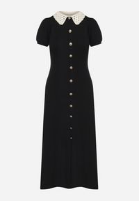Born2be - Czarna Rozkloszowana Sukienka Retro z Wiskozy z Guzikami i Kołnierzykiem Andival. Okazja: na co dzień. Typ kołnierza: kołnierzyk klasyczny. Kolor: czarny. Materiał: wiskoza. Długość rękawa: krótki rękaw. Wzór: ażurowy, aplikacja. Typ sukienki: proste. Styl: retro #6